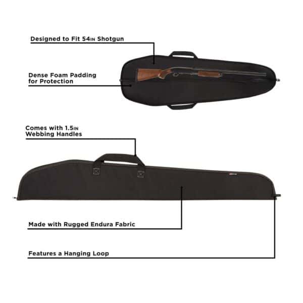 Black shotgun case designed for 54-inch shotguns, featuring foam padding, webbing handles, rugged fabric, and a hanging loop.