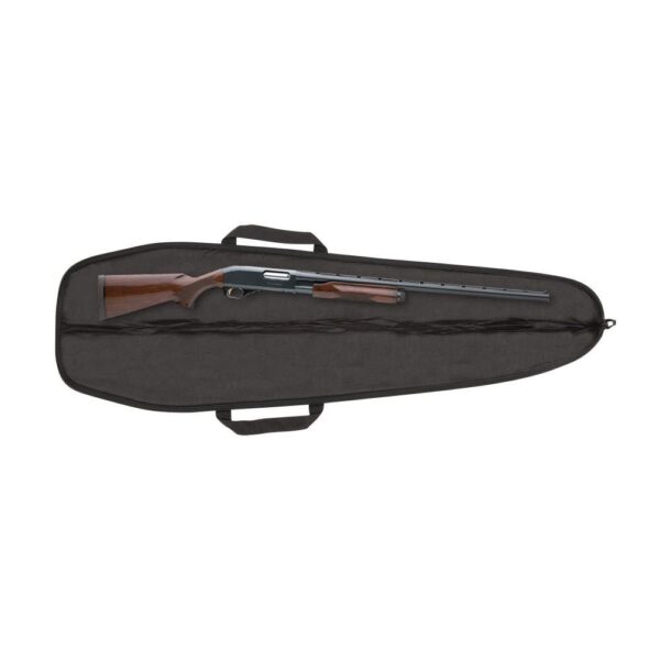 A shotgun rests inside a black padded case, showcasing its sleek design and wooden stock, with the case partially unzipped.