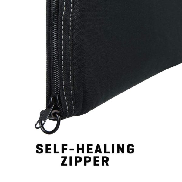 Close-up of a black fabric pouch featuring a self-healing zipper with contrasting stitching.