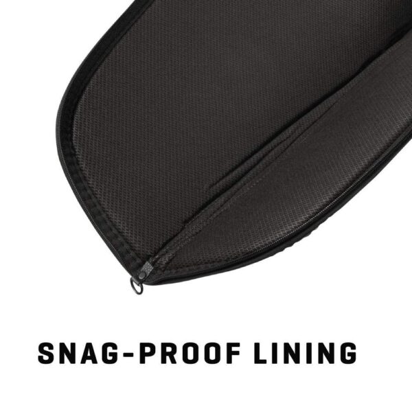 Close-up of a black bag's interior showcasing snag-proof lining, with "SNAG-PROOF LINING" text prominently displayed below.