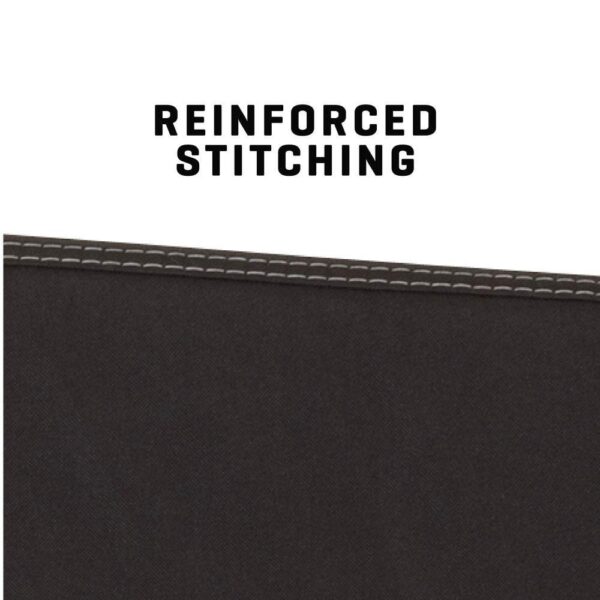 Close-up of reinforced stitching on a black fabric surface, emphasizing durability and strength, with bold text above reading "REINFORCED STITCHING."