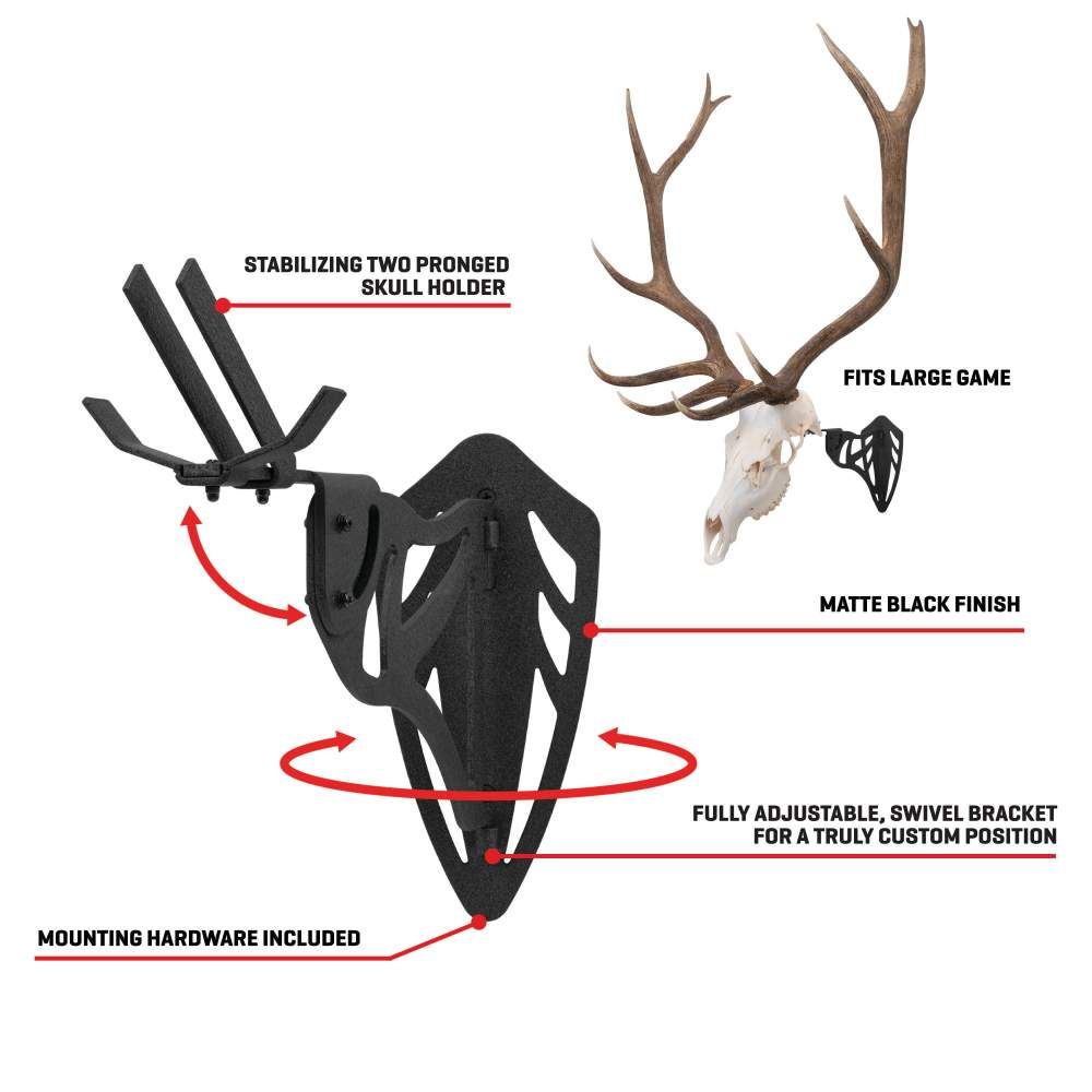 Image of a matte black skull holder designed for large game, featuring a two-pronged design and fully adjustable swivel bracket.