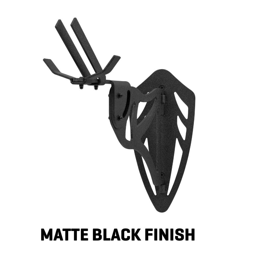Matte black wall-mounted rack with three hooks and an artistic backplate design for holding items.
