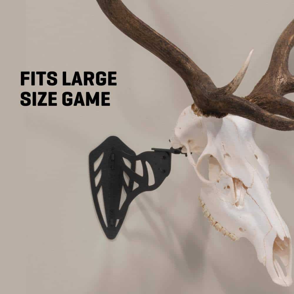Black wall mount for large game skulls, featuring an antlered skull displayed against a neutral wall. Text reads "Fits Large Size Game."