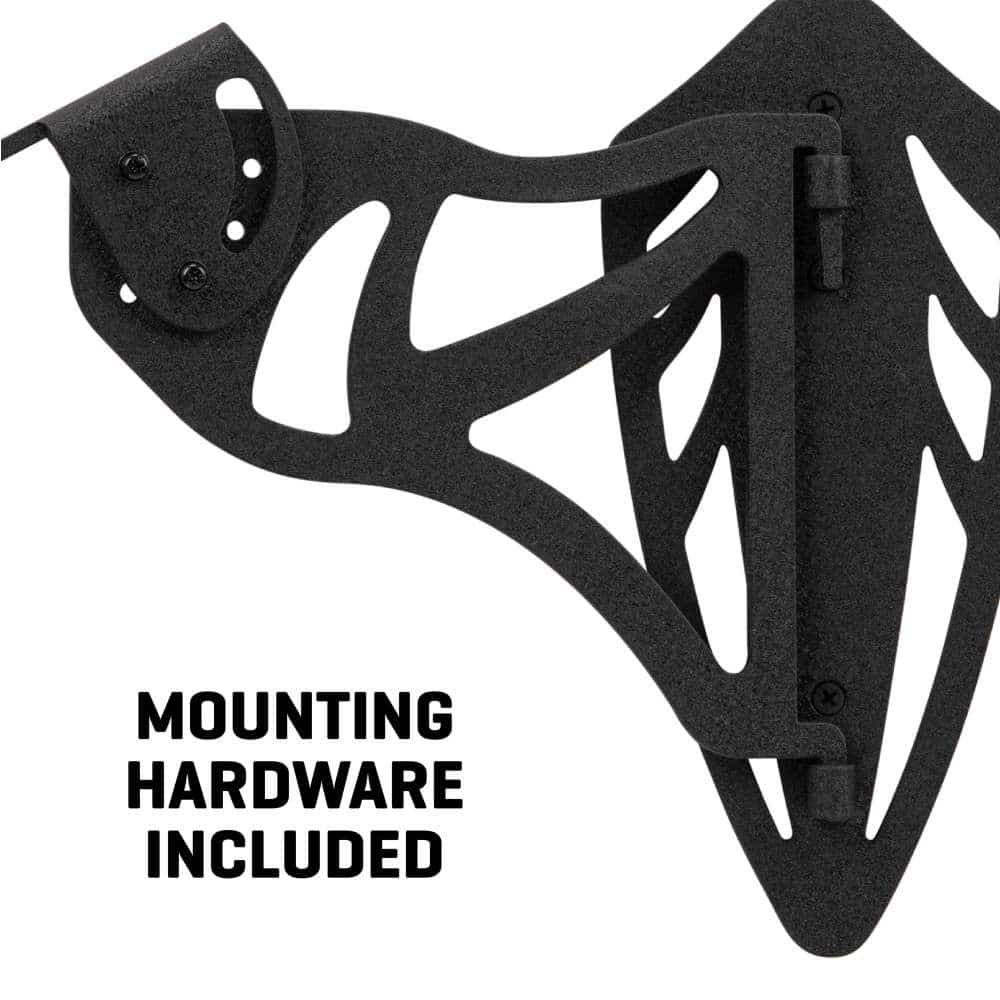 Black decorative wall bracket with intricate design, featuring text stating "Mounting hardware included" for easy installation.