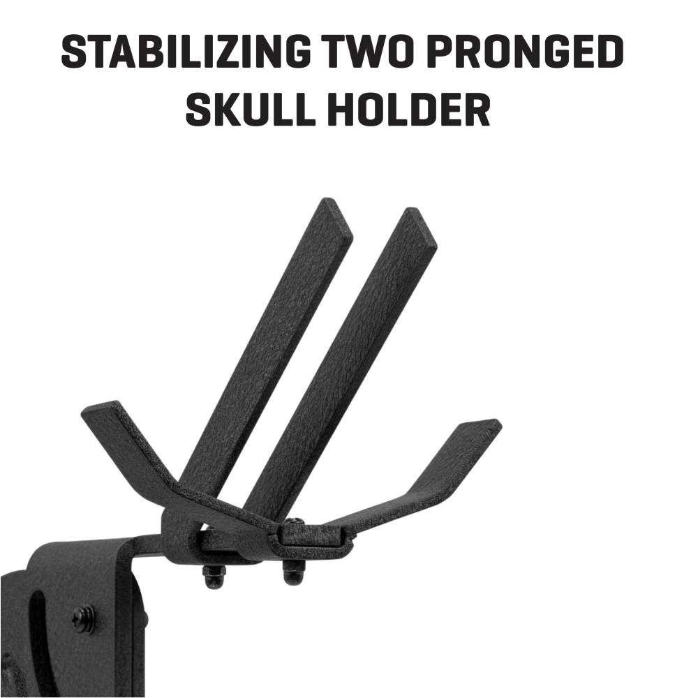 Close-up of a two-pronged skull holder designed for stabilization, showcasing its robust metal construction and angled prongs.