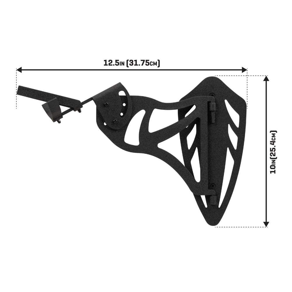 Black wall-mounted bracket with intricate design, measuring 12.5 inches wide and 10 inches tall, ideal for decor or shelving.