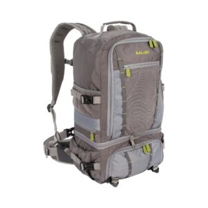 ALLEN COMPANY FRYINGPAN RIVER CONVERTIBLE PACK - A gray and green multi-pocket backpack with adjustable straps and bright yellow zippers, ideal for outdoor activities and travel.