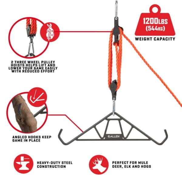 Image of a heavy-duty hoist with a 1200lb capacity, featuring pulleys and angled hooks for easily lifting game like deer and elk.
