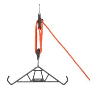 ALLEN COMPANY HEAVY-DUTY GAMBREL & HOIST - 1200LBS - A black metal game hanger with an orange rope and pulleys, designed for hanging game securely.