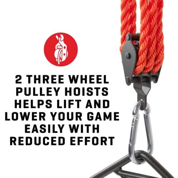 Image of a 2 three-wheel pulley hoist with bright orange rope, promoting easy lifting and lowering with reduced effort.