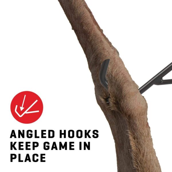 Close-up of angled hooks stabilizing game on a deer hide, emphasizing secure placement with bold text "Angled hooks keep game in place."