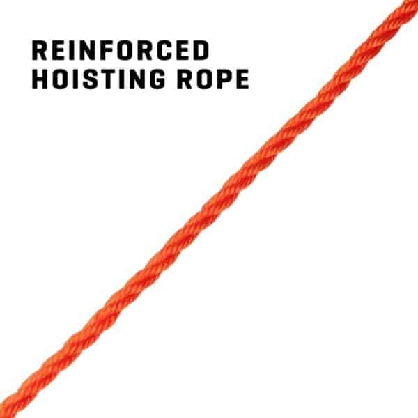 A bright orange reinforced hoisting rope displayed prominently against a white background with the label "REINFORCED HOISTING ROPE."