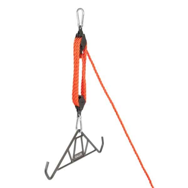 A vibrant orange rope attached to a pulley system, featuring a triangular hook for hanging or lifting items.