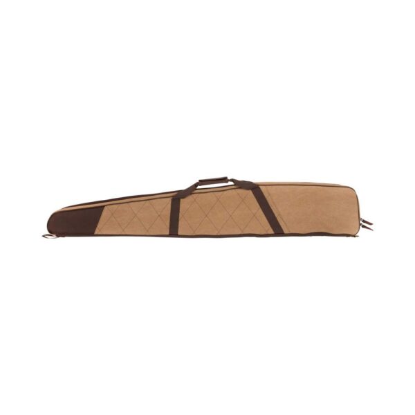 A long, slim, brown and tan gun case featuring a quilted pattern and a handle for easy carrying.