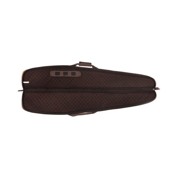 Brown quilted rifle case with a zippered closure and carrying handle, designed for gun protection and transport.