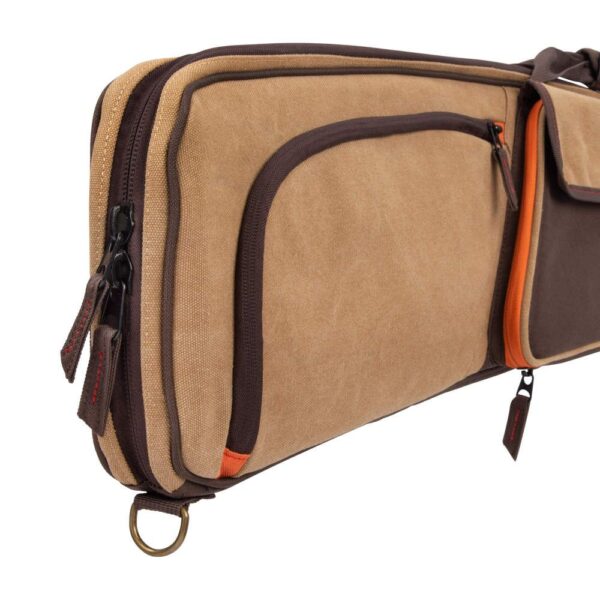 A stylish brown and tan bag featuring multiple zippered pockets and accents, designed with durable fabric for practical use.