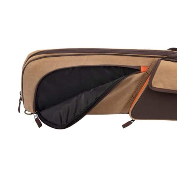 Close-up of a tan and brown bag zippered partially open, revealing a black interior lining and a side pocket with orange detailing.