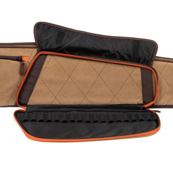 Open brown storage bag with contrasting orange zipper, featuring a quilted interior and a separate compartment for organizing items.