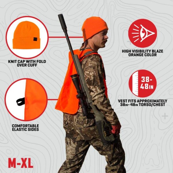A hunter wearing a high-visibility blaze orange vest and knit cap, holding a rifle. Vest comfortably fits 38-48 inch torso.