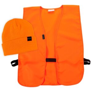 ALLEN COMPANY HUNTING VEST AND BEANIE COMBO - An orange safety vest and matching beanie hat, both featuring brand labels, laid out on a white background.