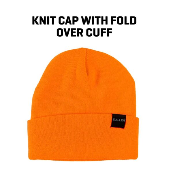 Bright orange knit cap with a fold-over cuff, featuring a small black label with the brand name "ALLEN."