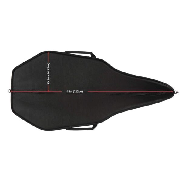 Top view of a black guitar case, measuring 48 inches long and 10.5 inches wide, featuring red measurement markings and carrying handles.