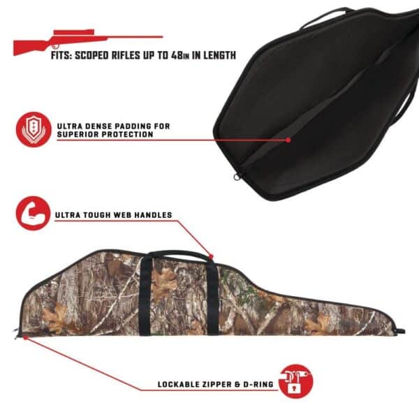 Camouflaged rifle case with ultra-dense padding, tough web handles, lockable zipper, and D-ring for rifles up to 48 inches.