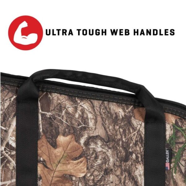 Close-up of a camo-patterned bag showcasing ultra tough web handles, emphasizing durability and strength for outdoor use.