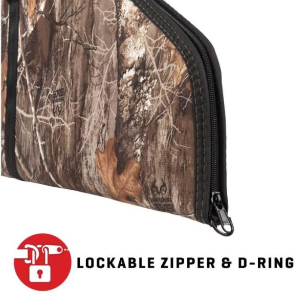 A close-up of a camouflage zippered case featuring a lockable zipper and D-ring for secure storage and transport.