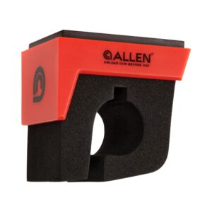 ALLEN COMPANY MAGNETIC FIREARM & FISHING ROD HOLDER - A bright orange and black gun-safe device designed for unloading firearms securely, labeled "ALLEN" with safety instructions.