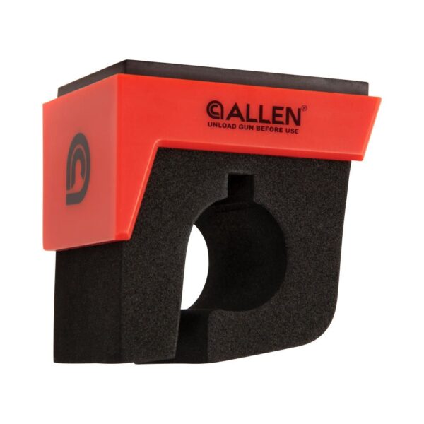 ALLEN COMPANY MAGNETIC FIREARM & FISHING ROD HOLDER - A bright orange and black gun-safe device designed for unloading firearms securely, labeled "ALLEN" with safety instructions.