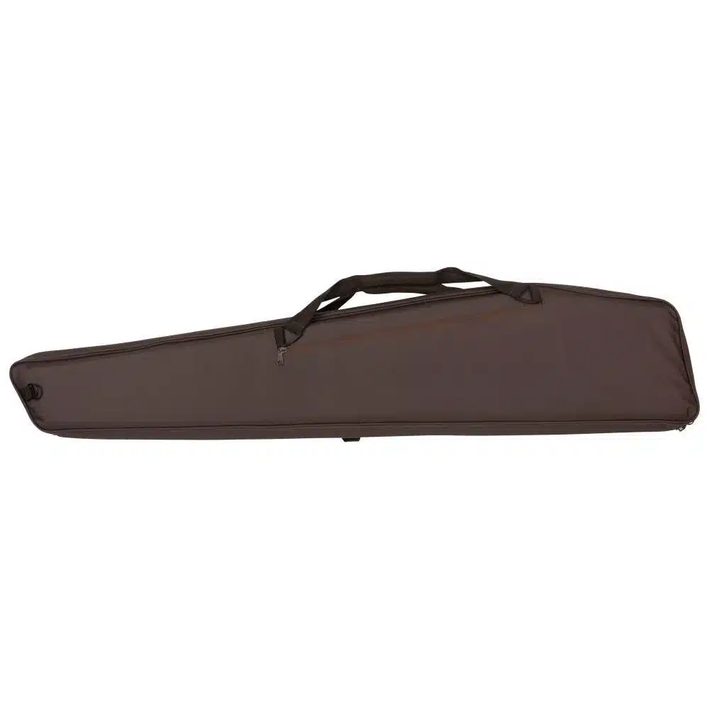 A brown, padded guitar case with a top handle and a zippered pocket, designed for protecting and transporting instruments.