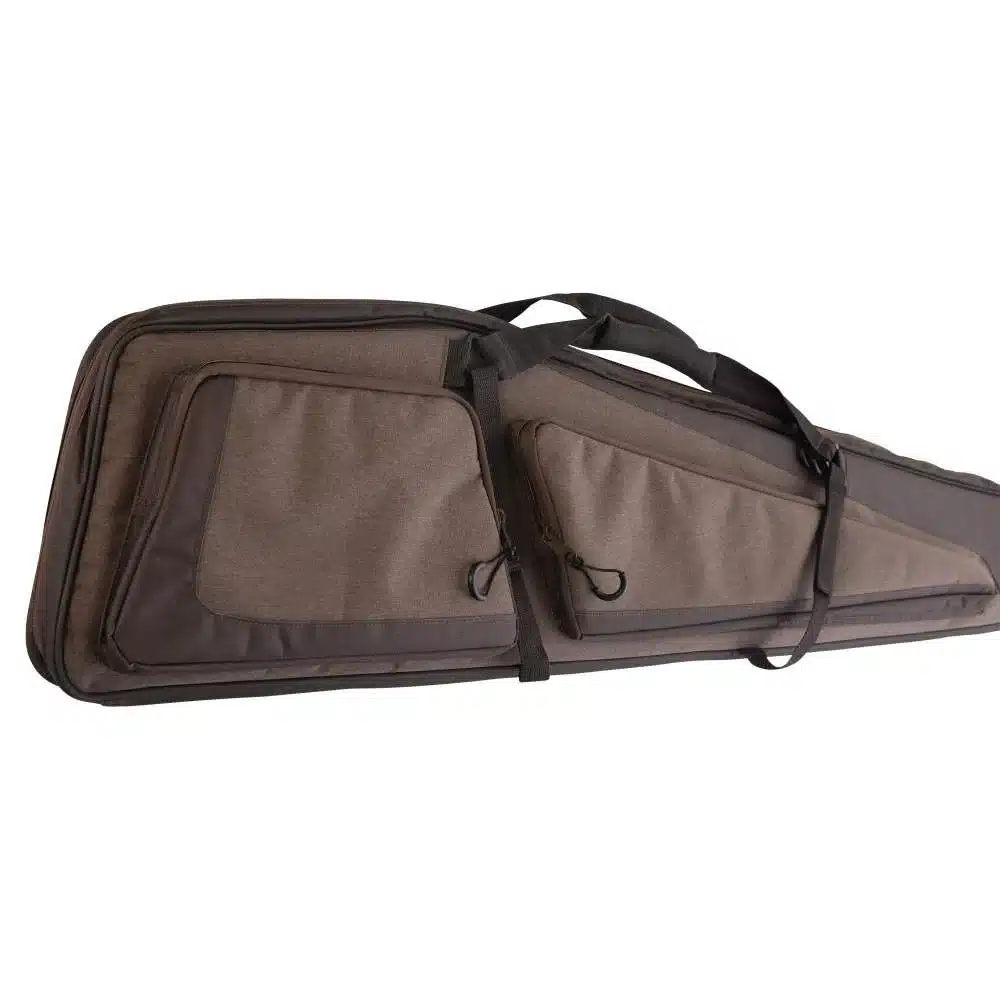 A brown padded rifle case with two zippered pockets and adjustable straps for easy carrying. Ideal for transporting firearms securely.