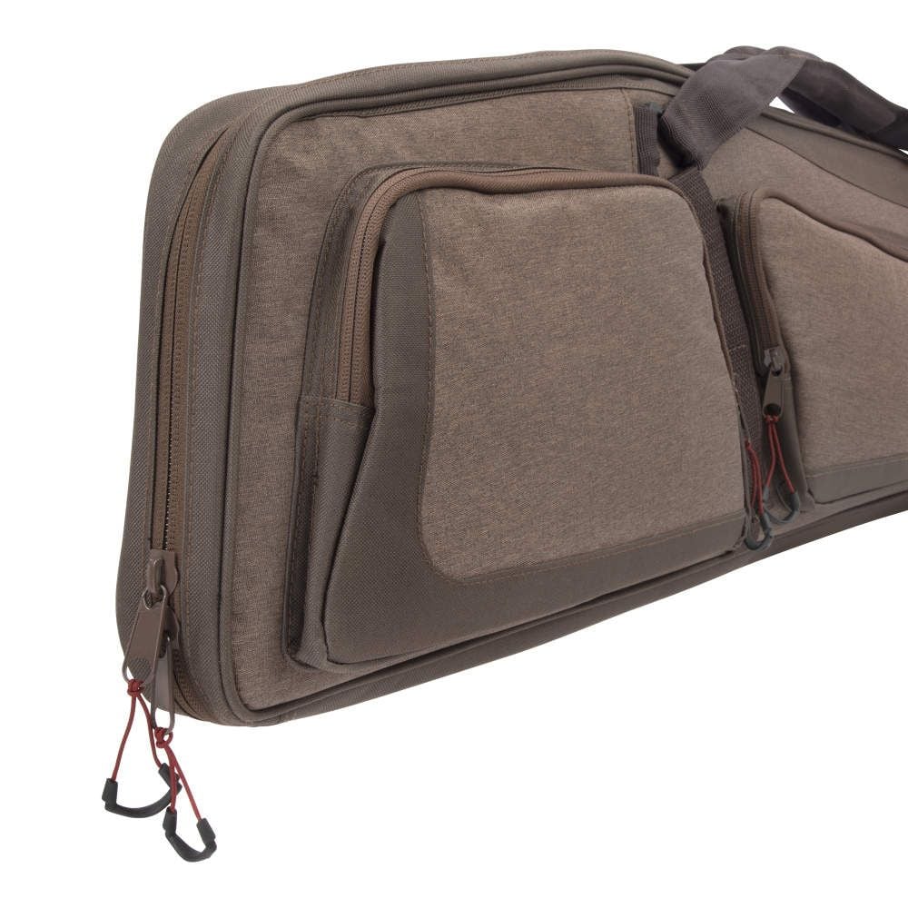 Close-up of a brown fabric bag with multiple zippered pockets and a strap, showcasing a sleek, sturdy design.