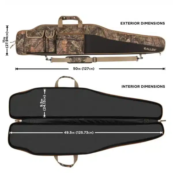Camo rifle case with exterior dimensions of 50" x 7.1" and interior dimensions of 49.5" x 9.5", featuring multiple pockets.
