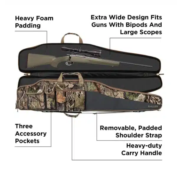 Image of a camo rifle case featuring heavy foam padding, three accessory pockets, and a removable shoulder strap, designed for large rifles.