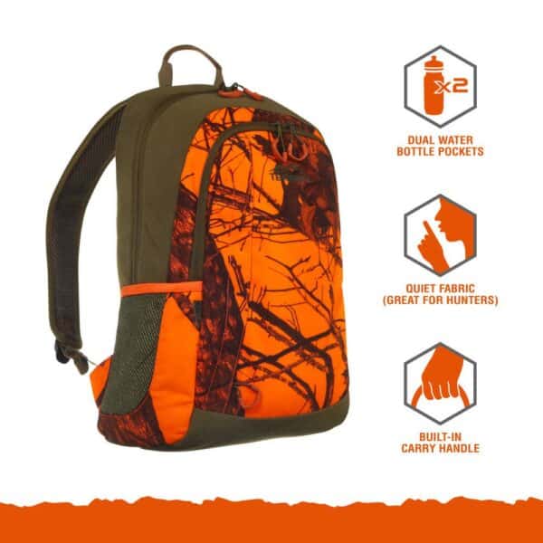 Orange and camouflage backpack featuring dual water bottle pockets, quiet fabric for hunting, and a built-in carry handle.