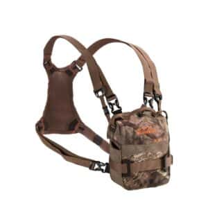 ALLEN COMPANY TERRAIN PLATEAU BINO CASE WITH HARNESS - Camo-patterned chest pack with adjustable straps, designed for outdoor activities, featuring multiple pockets for gear and accessories.