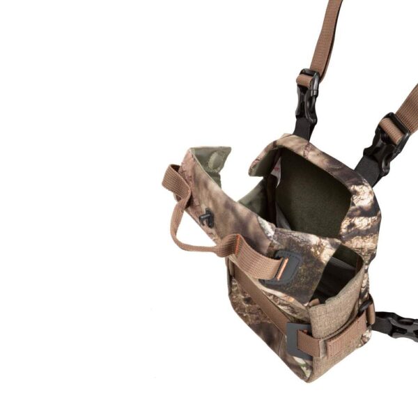 Camo-patterned tactical bag with adjustable straps and a wide opening, ideal for outdoor activities like hunting or hiking.