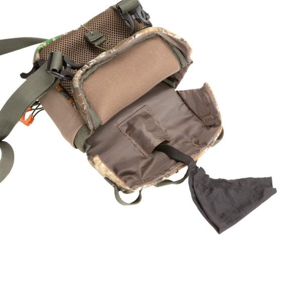 Open camouflage pouch featuring adjustable straps, mesh pocket, and a black pull tab with a fabric liner inside.