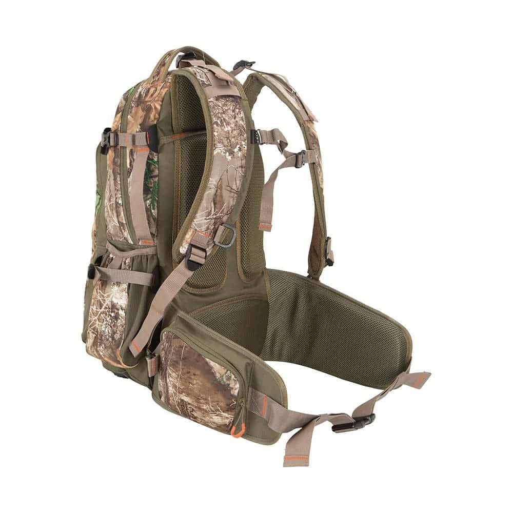 A tactical backpack featuring camouflage design, ergonomic straps, and multiple pockets, ideal for outdoor activities and hunting.