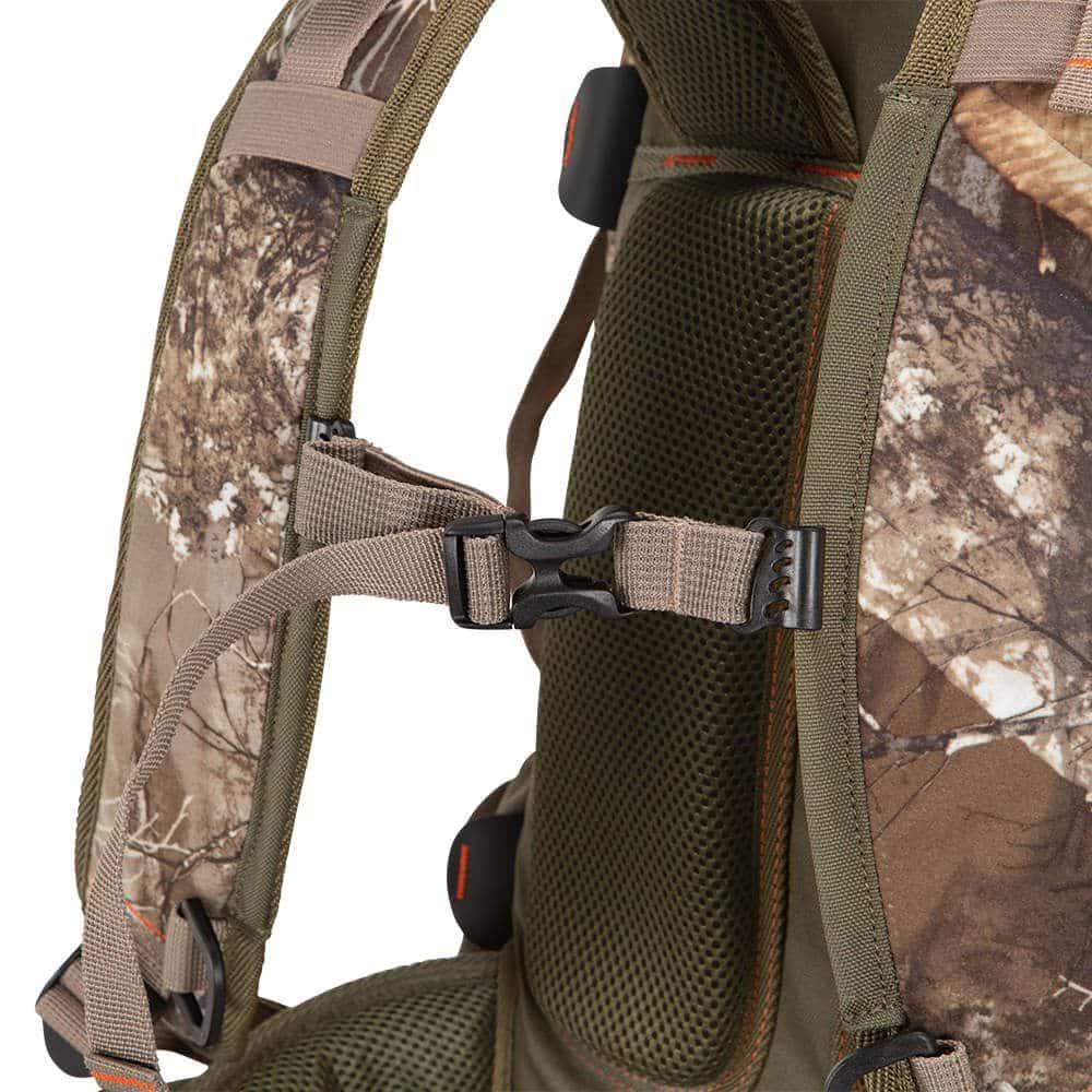 Close-up of a camouflage-patterned backpack showing adjustable straps and breathable mesh padding for comfort.