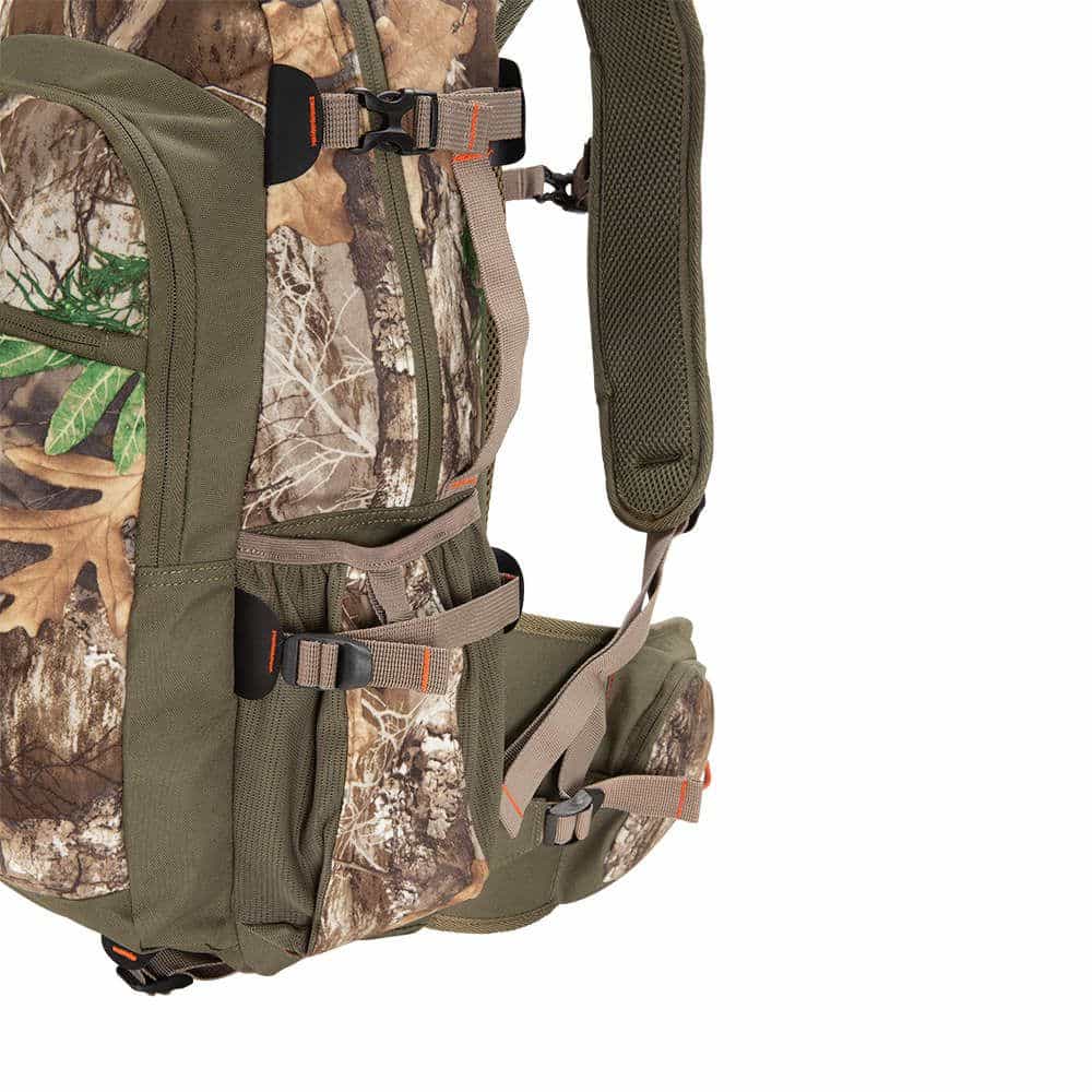 Side view of a camouflage hunting backpack featuring adjustable straps, a mesh back, and multiple compartments for gear storage.