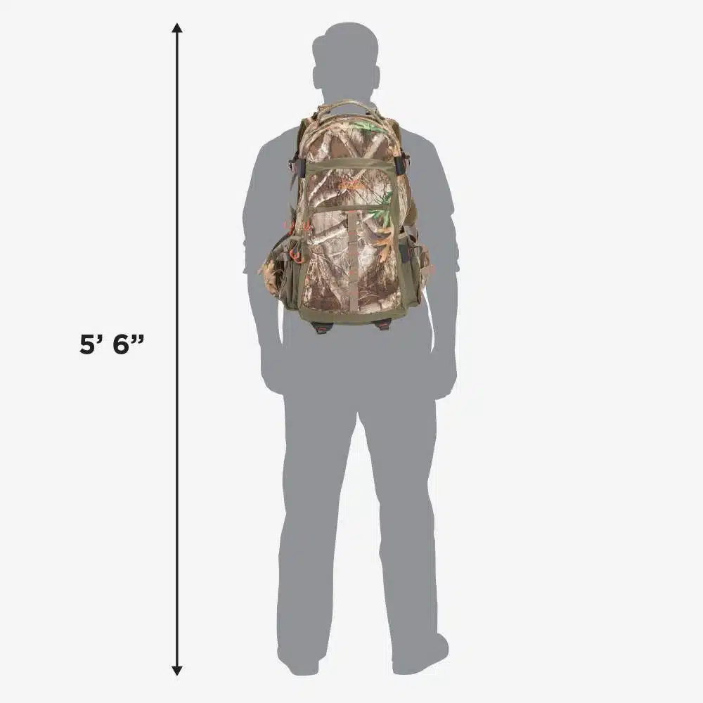 A silhouette of a person wearing a camouflage backpack, with a height measurement of 5'6" indicated alongside.