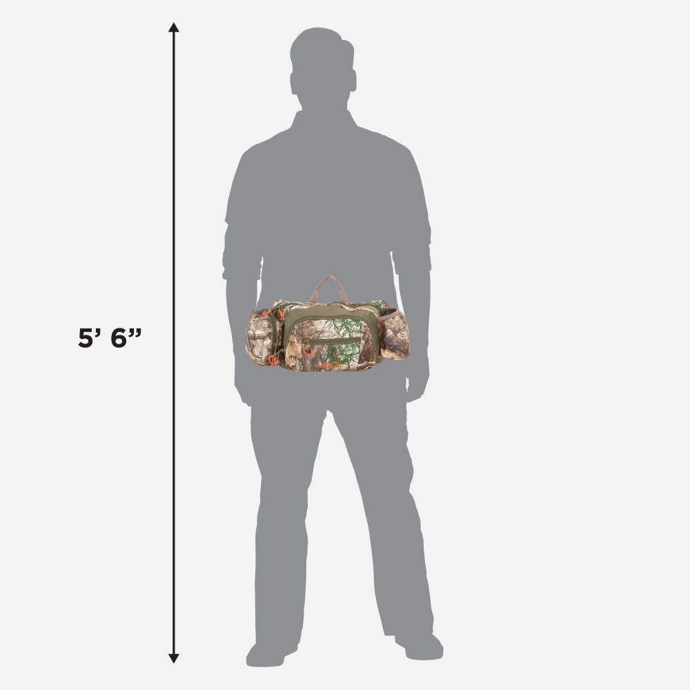 A shadowed figure stands 5'6" tall, displaying a camo-patterned waist bag with side pockets.