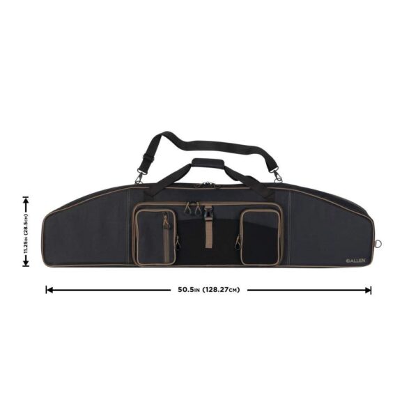 A sleek black and brown detailing gun case with a shoulder strap and various pockets, measuring 50.5 inches in length and 12.5 inches in height.