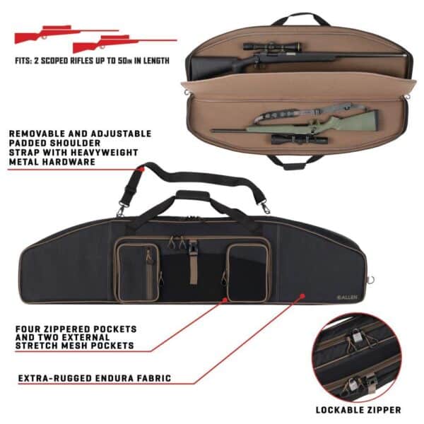 A dual rifle case designed for 50-inch scoped rifles, featuring adjustable straps, zippered pockets, and rugged fabric for protection.