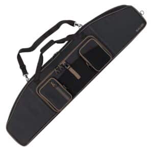 ALLEN COMPANY TOWER DOUBLE RIFLE CASE - 50IN - BLACK - A sleek black gun case with brown accents, featuring multiple zippered pockets and a sturdy shoulder strap for easy transport.