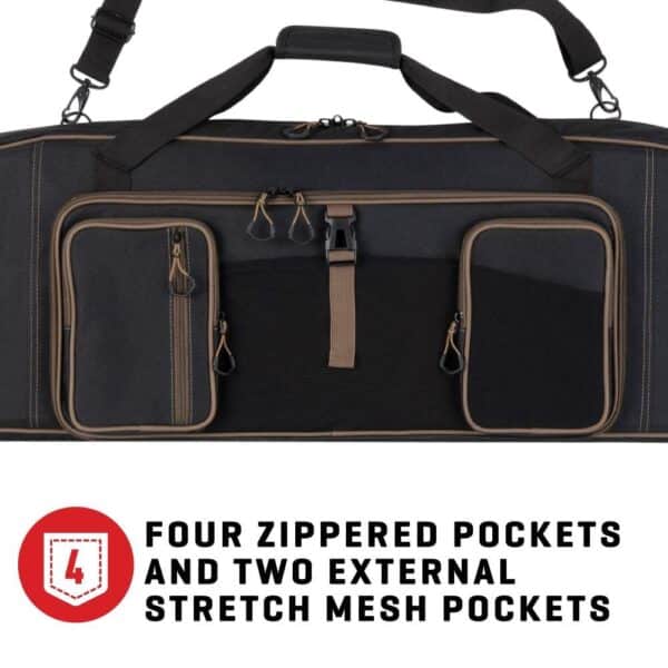 Black bag featuring four zippered pockets and two external stretch mesh pockets, designed for easy organization and access.